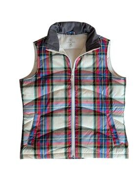 Lands' End Down Filled Plaid Puffer Vest XS/P (2-4) Red Blue Pockets
